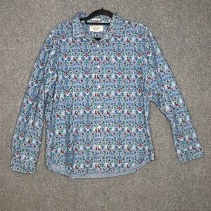 Original Penguin Mens Shirt Large Heritage Slim Fit Blue Fair Isle Deer Bird